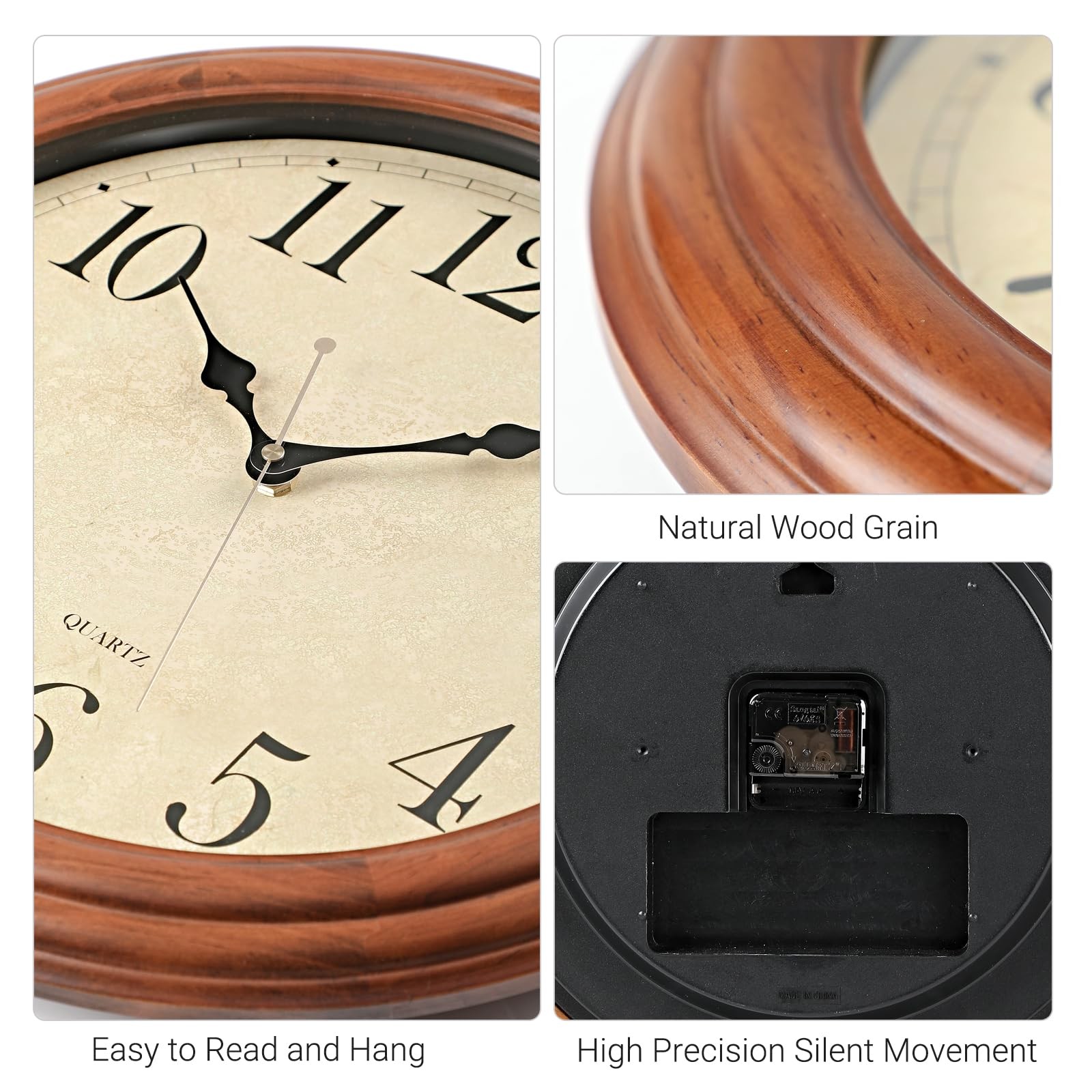 16 Inch Wooden Wall Clock Retro Design Large Round Arabic Numerals Silent