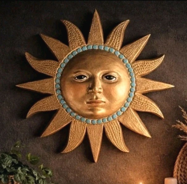 Gold Celestial Chalkware Sun Face Turquoise Dots Wall Decor 11″ Boho Plaster