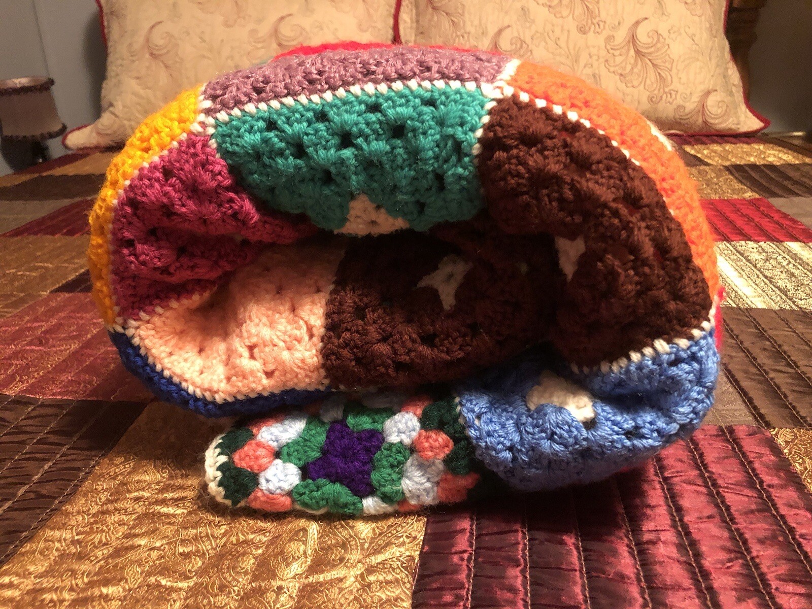 6780 ROSANNE Hand Crocheted Throw Spread Afghan Colorful Granny Square 58” X 76”