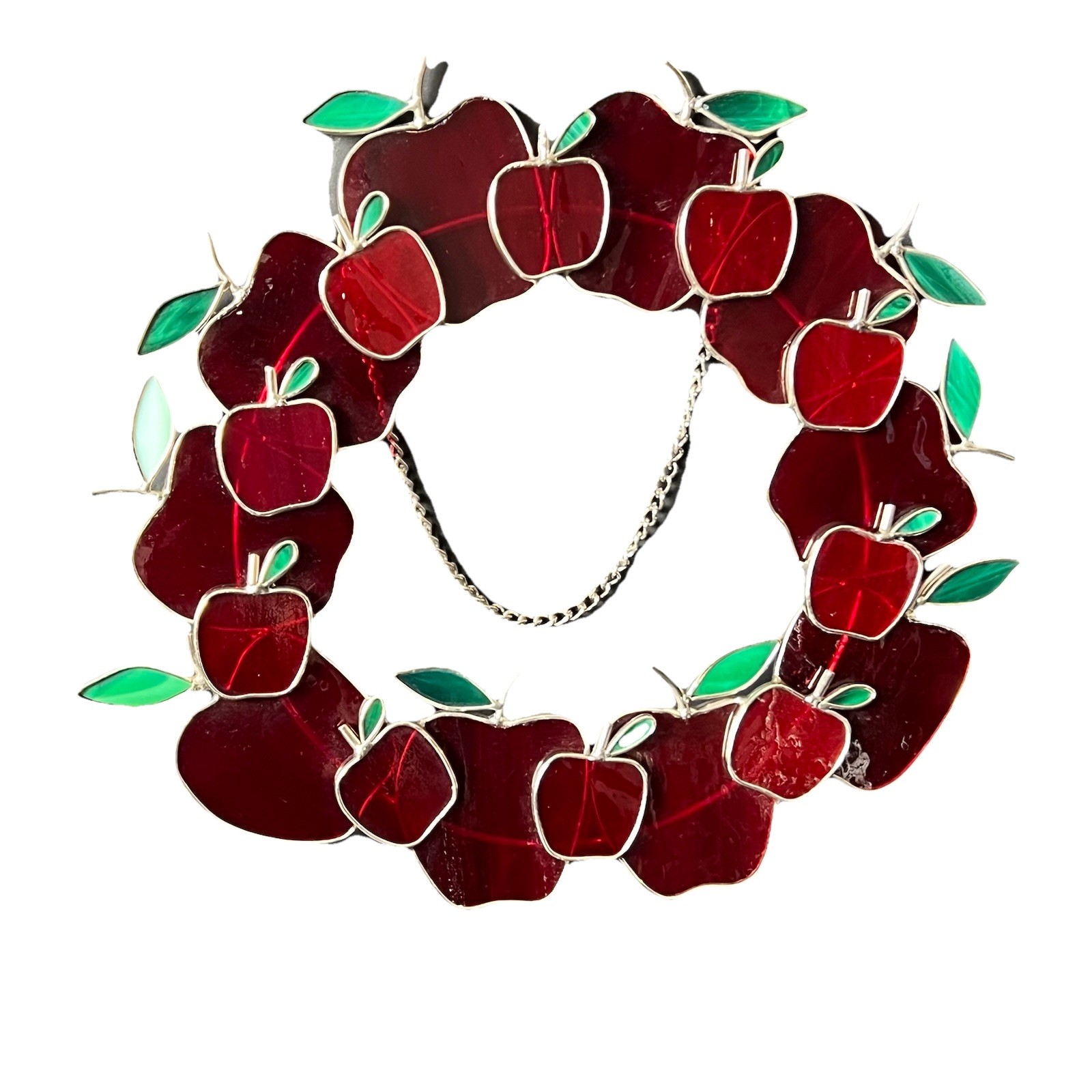 Vintage Stained Glass Apple Wreath Hanging Suncatcher Red