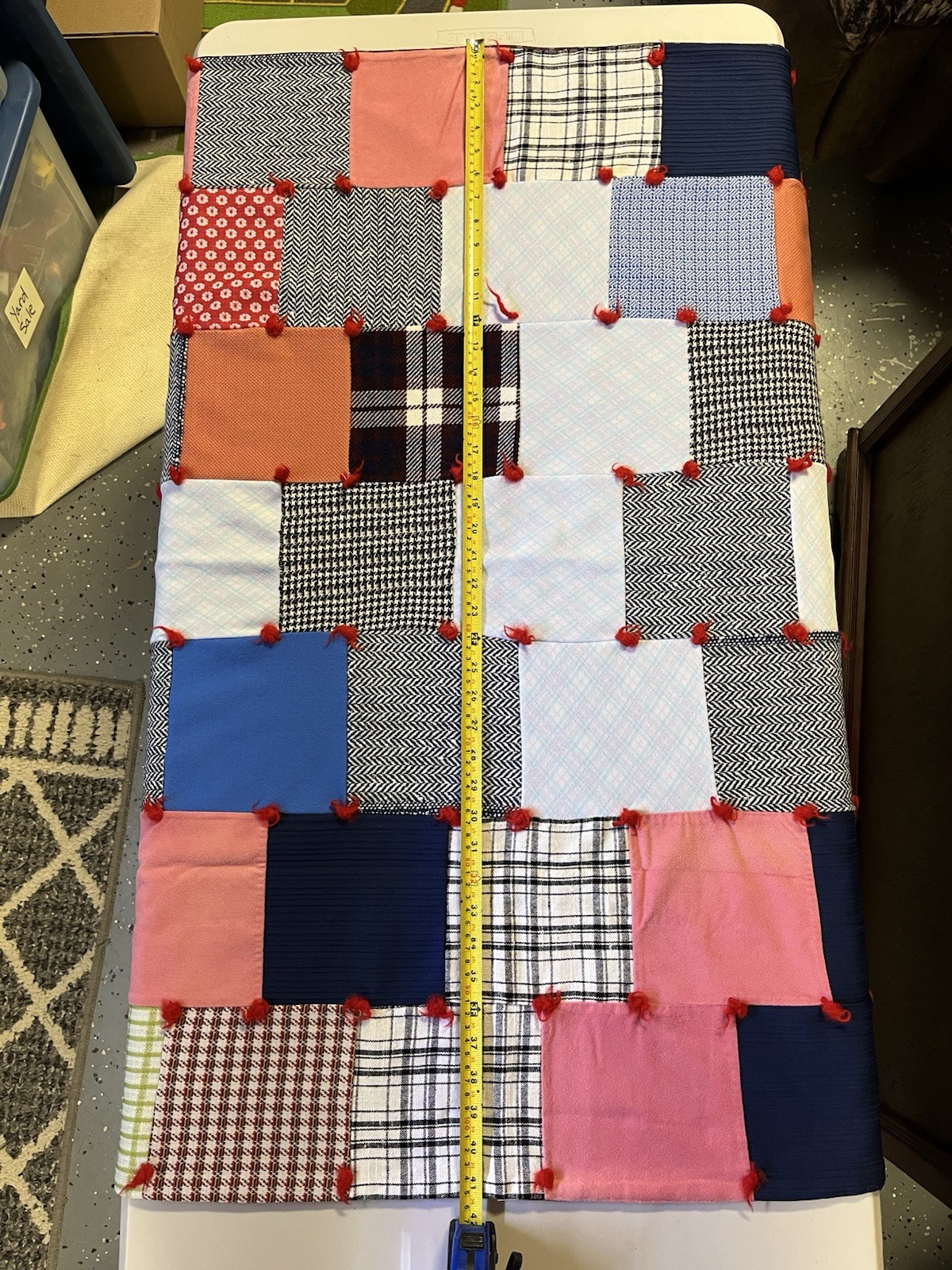 Vintage Patchwork Block Lap Blanket Multi Color Fabric approx 38.5 in x 41.5 in