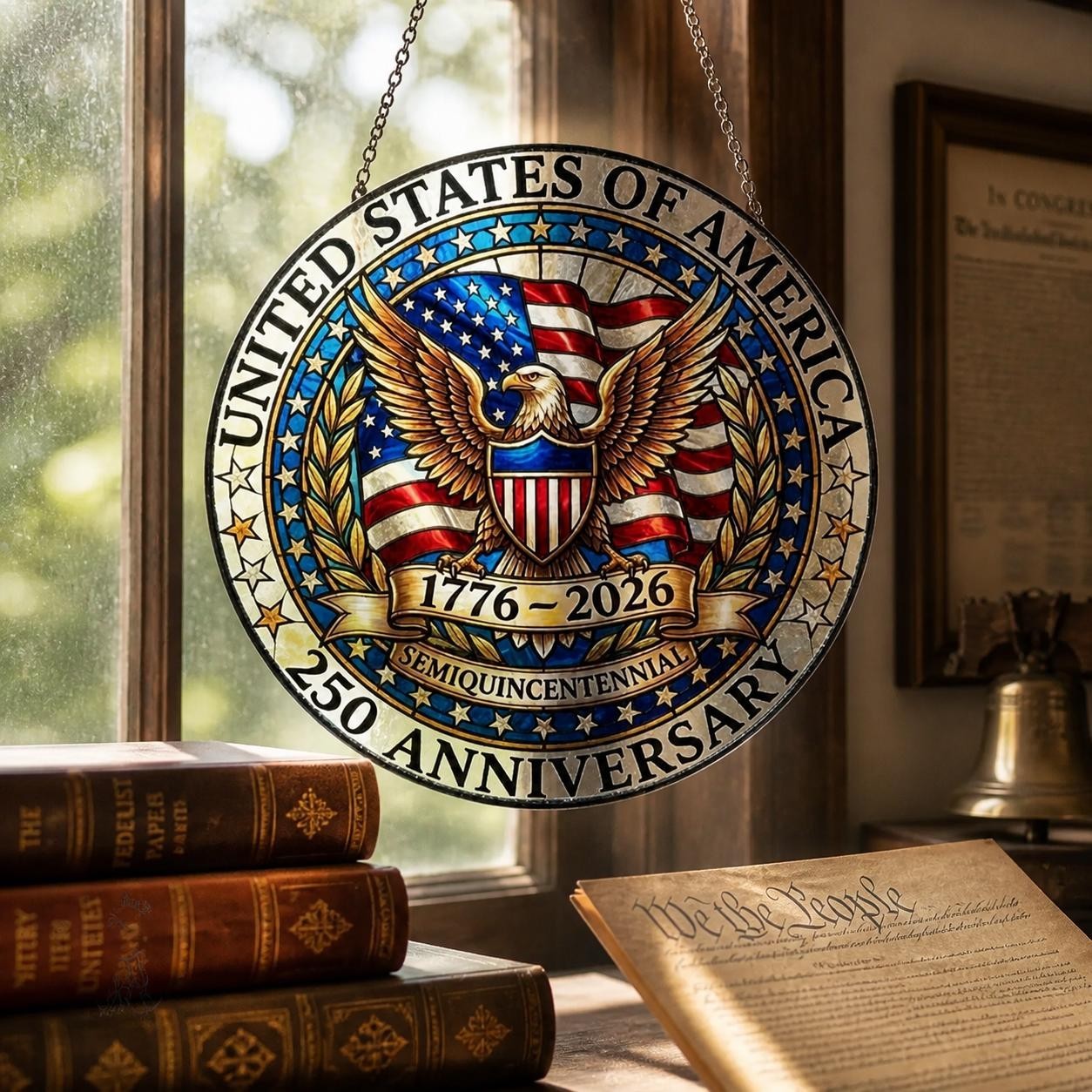 USA 250th Anniversary Suncatcher Eagle Stained Glass Window Hanging Decor