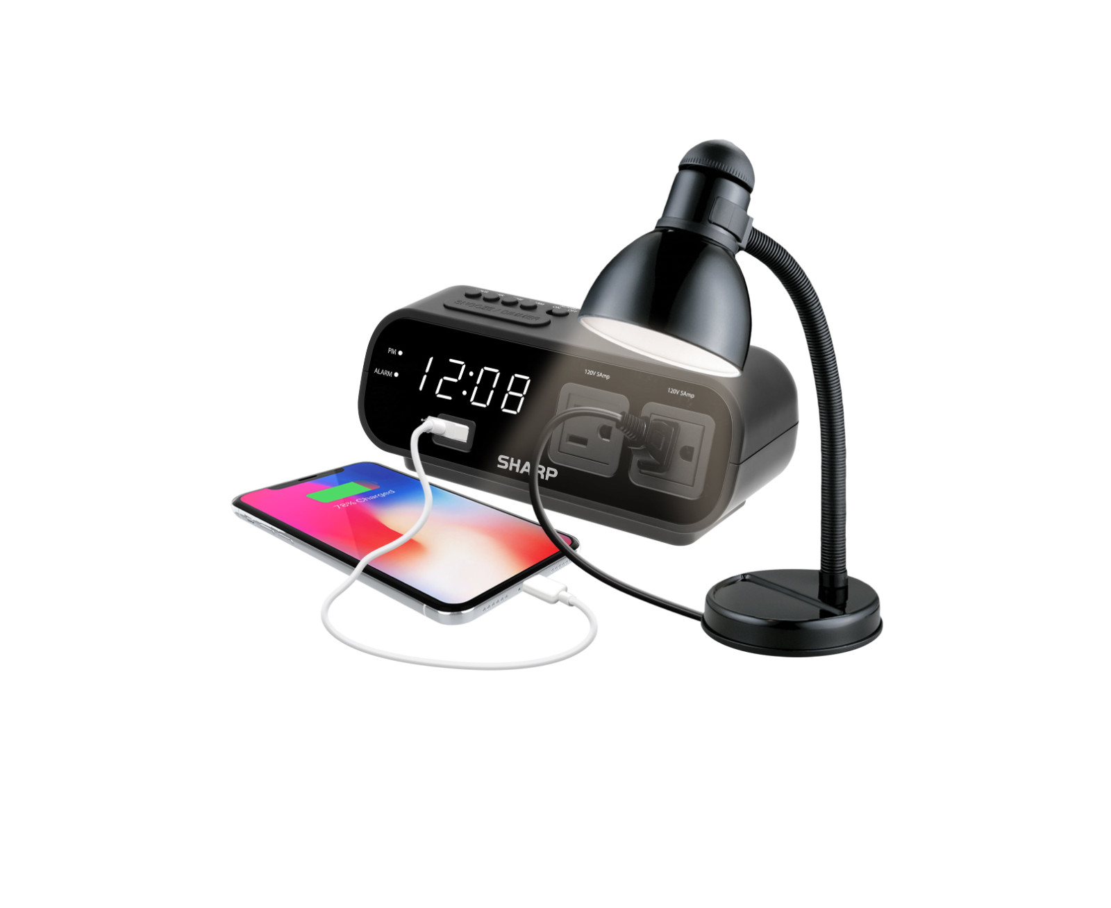SHARP LED Digital Alarm Clock, 2 AMP fast Charge USB Ports & 2 AC Power Outlets