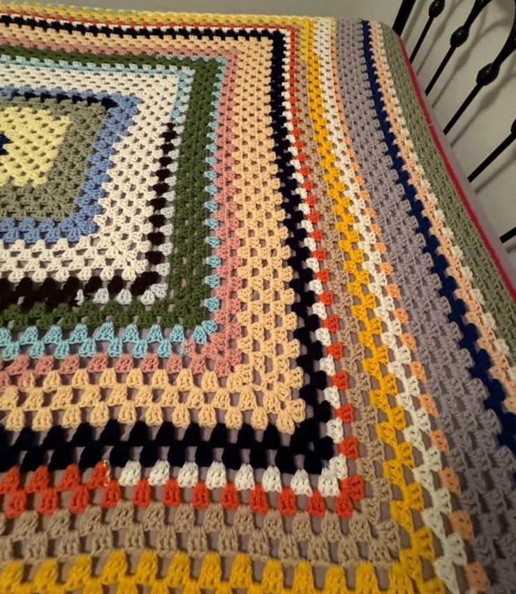 Vintage Crochetted Afghan 68.5″ x 68″ – Scrap Style / Shabby Chic / Cottagecore