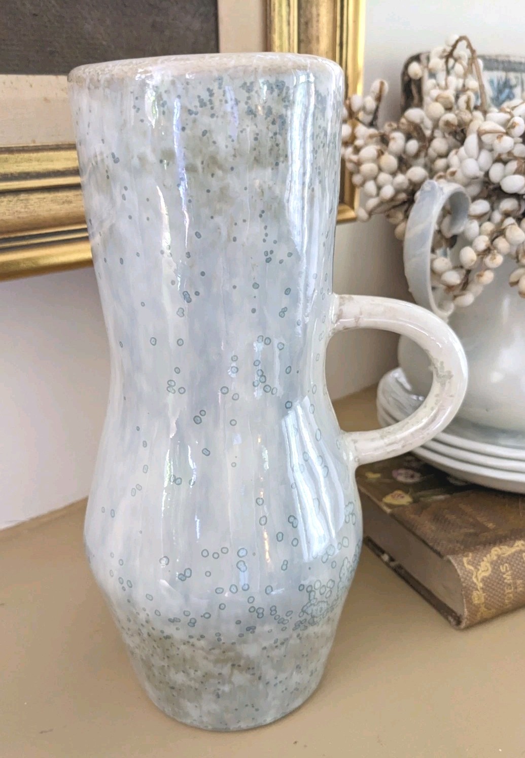 NWT Crate & Barrel Ayu Vase with Handle Ceramic Gray Blue Green Speckled Glaze