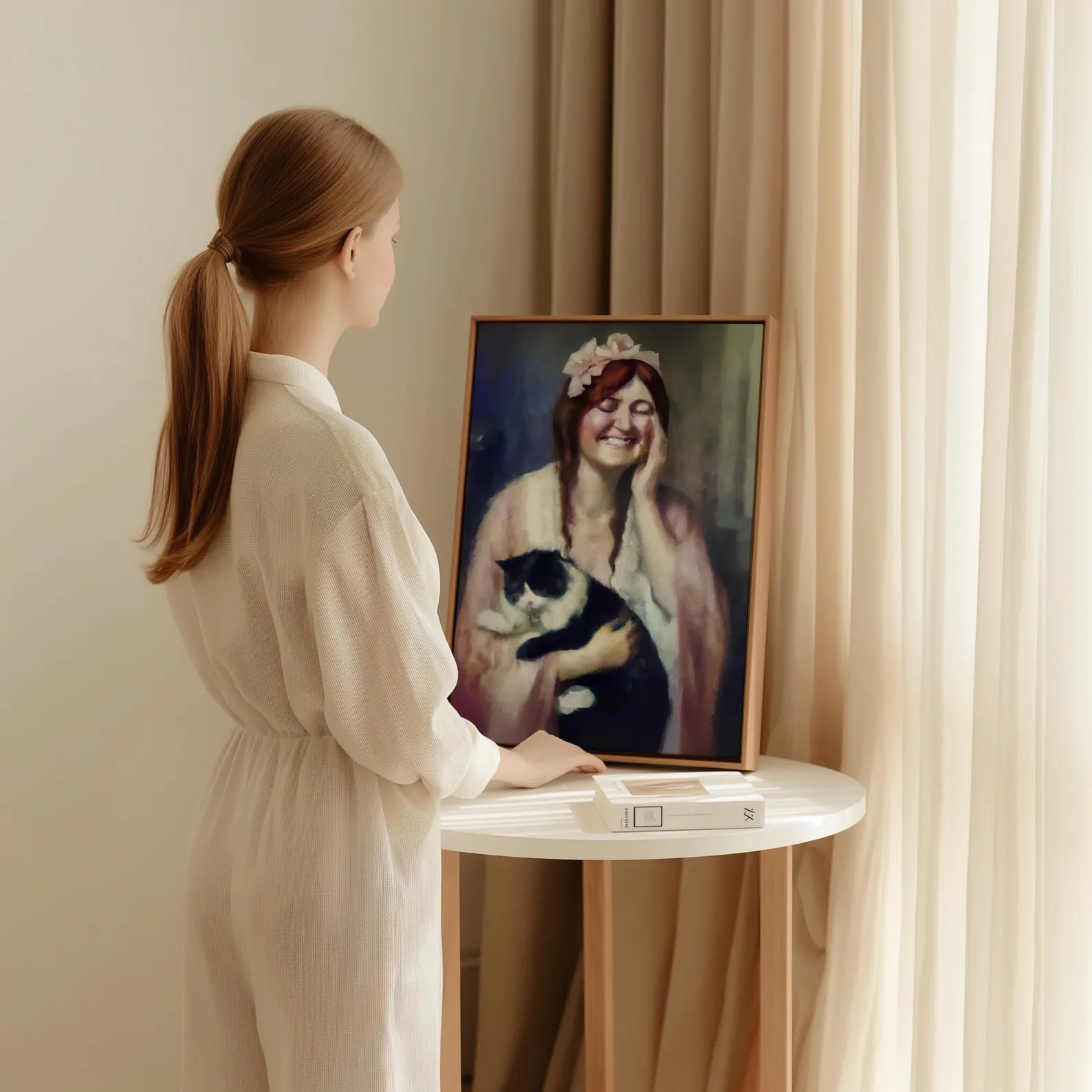 Oil Painting Print of Woman with Cat, Vintage Woman Cat Portrait, Cozy Home Art