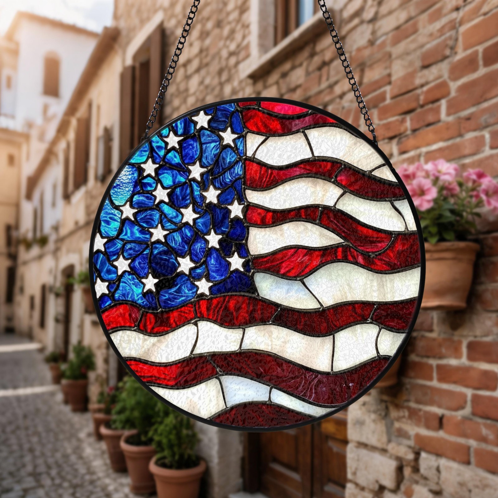American Flag Stained Glass Suncatcher,Patriotic Window Art,Vintage Veteran