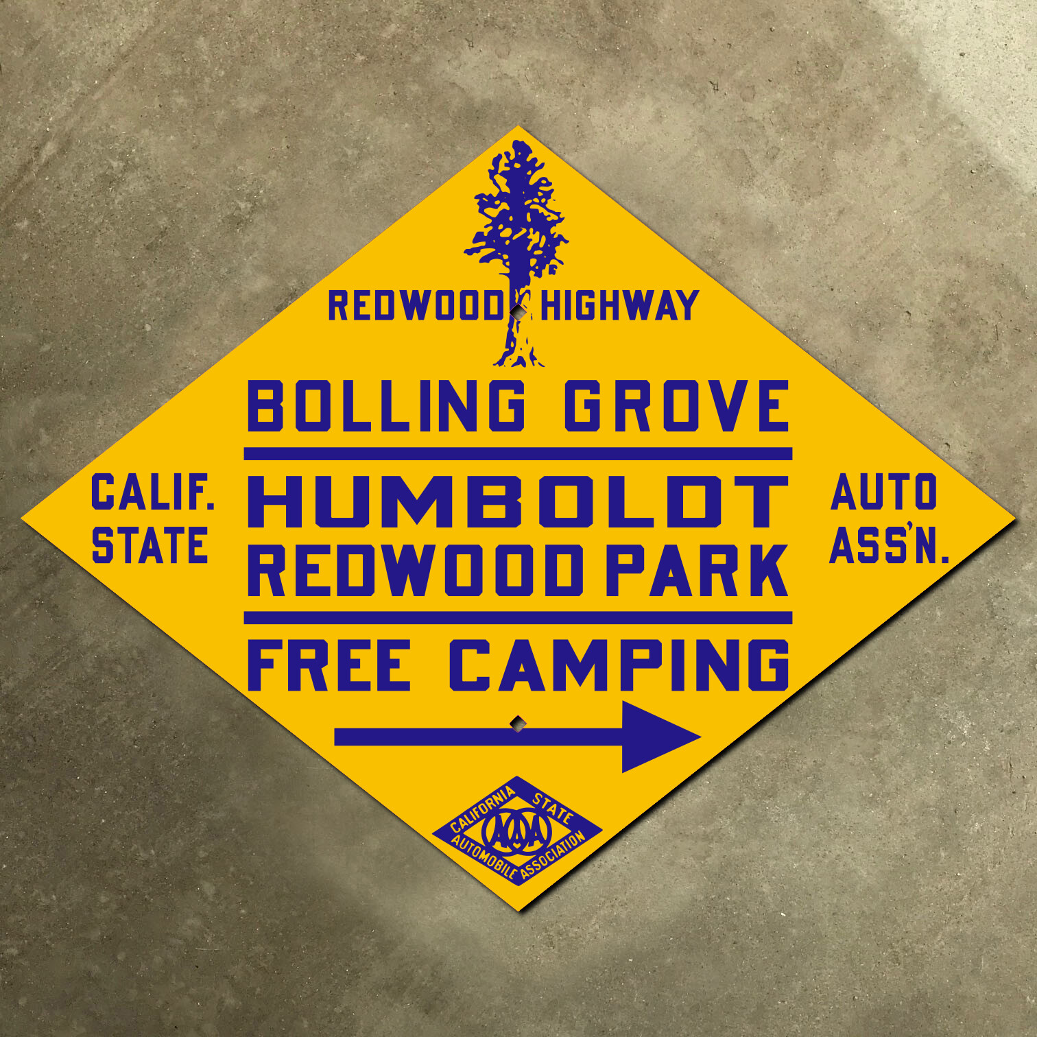 Redwood Highway California CSAA Humboldt road sign auto club AAA route 101 tree