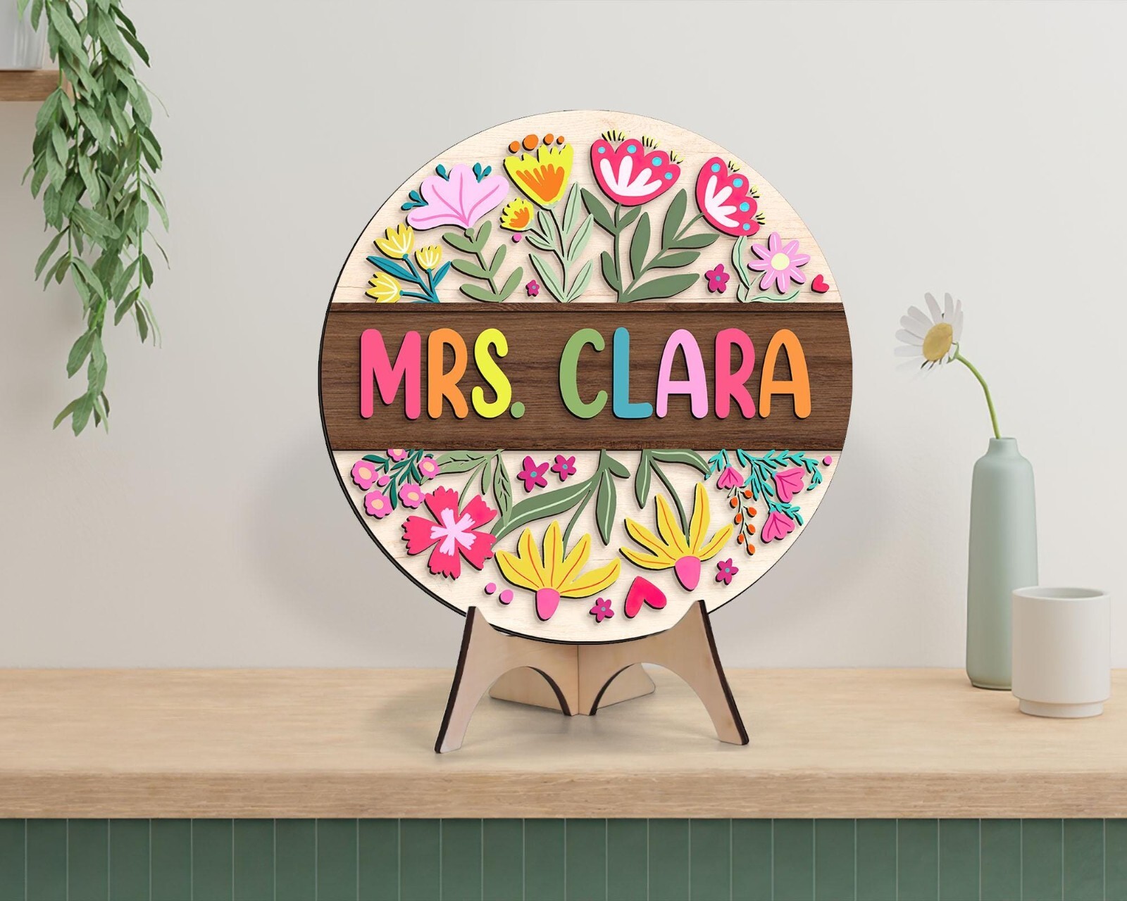 Custom 3D Teacher Door Hanger, Floral Name Sign, Back to School Gift