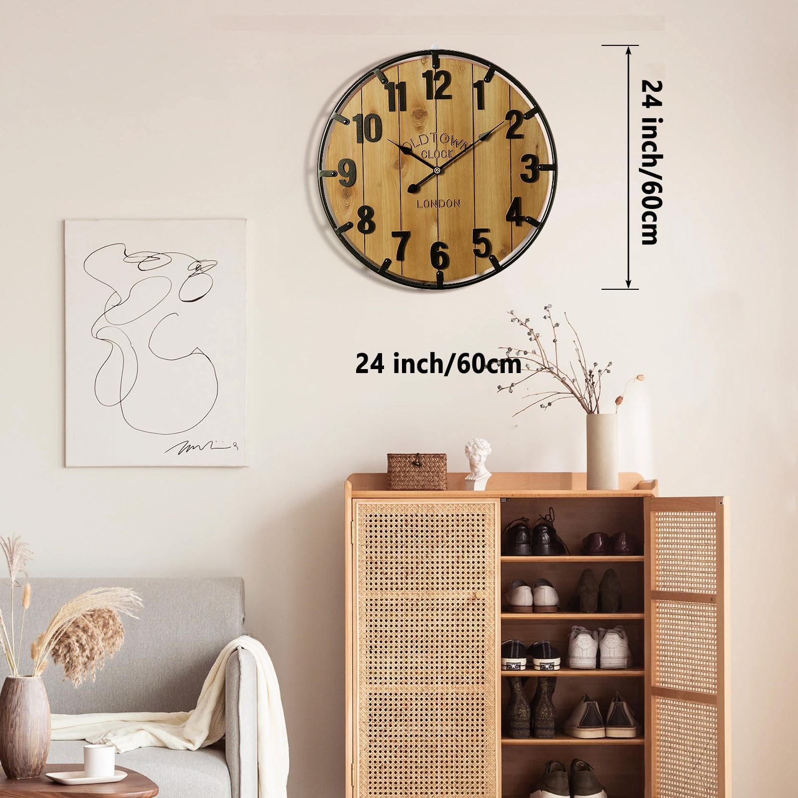 Farmhouse 24 Inch Extra Large Decorative Wall Clock with Metal Circle, Oversi