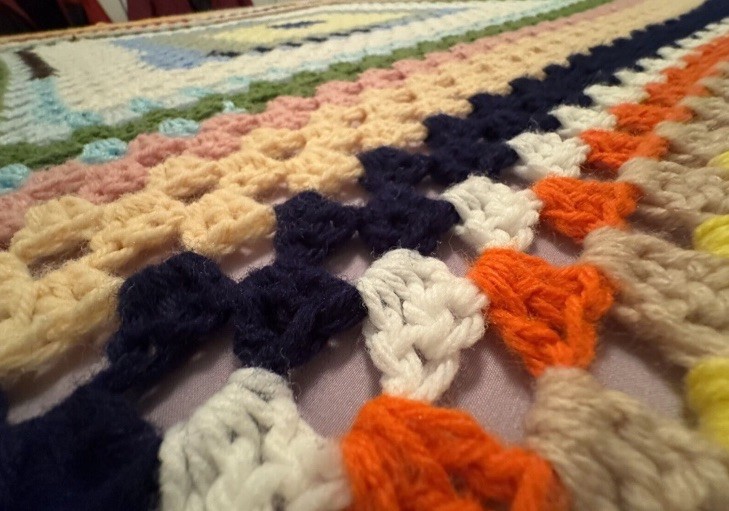 Vintage Crochetted Afghan 68.5″ x 68″ – Scrap Style / Shabby Chic / Cottagecore