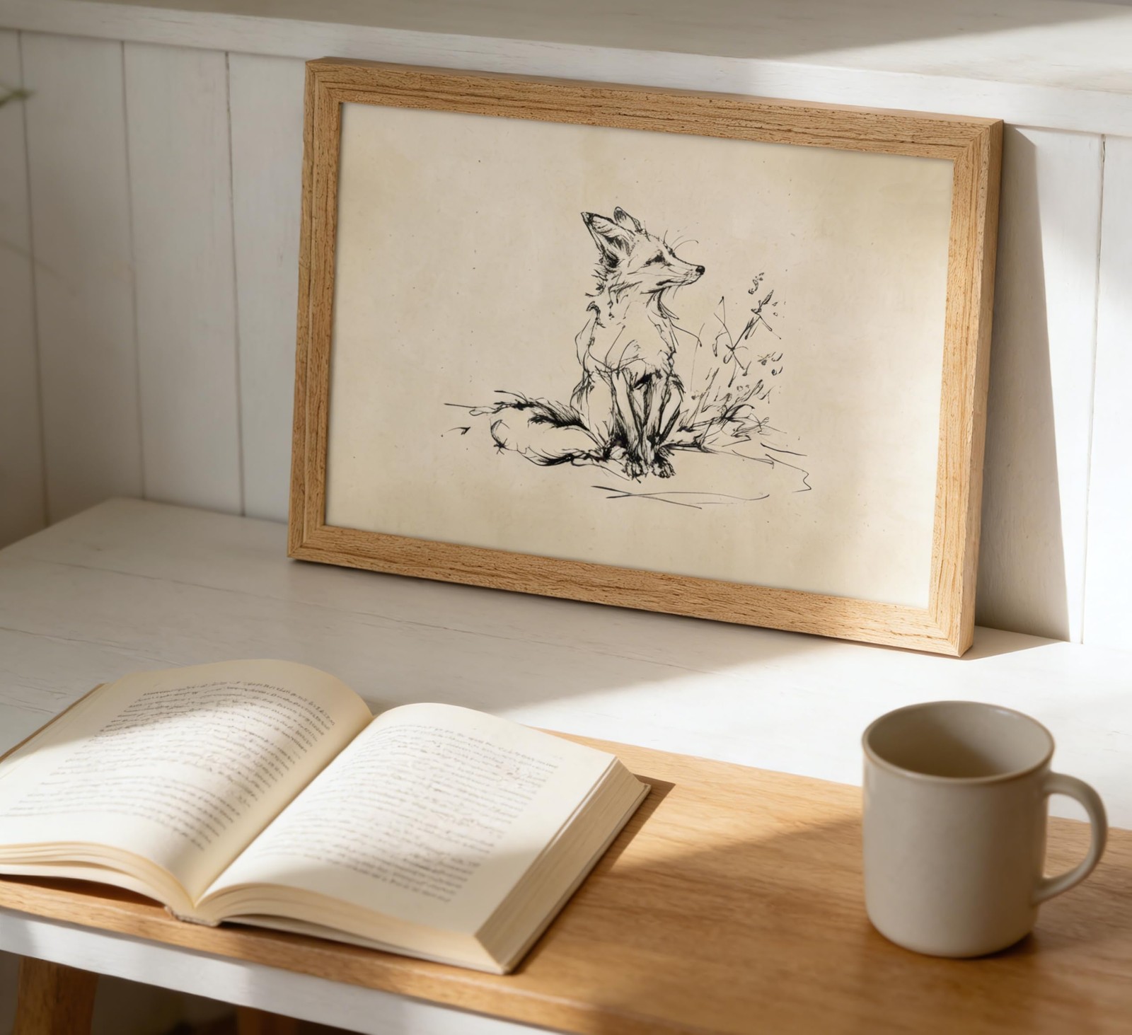 Vintage Solid Wood Framed Fox Sketch Wall Art, Neutral Fox Line Drawing Canva…