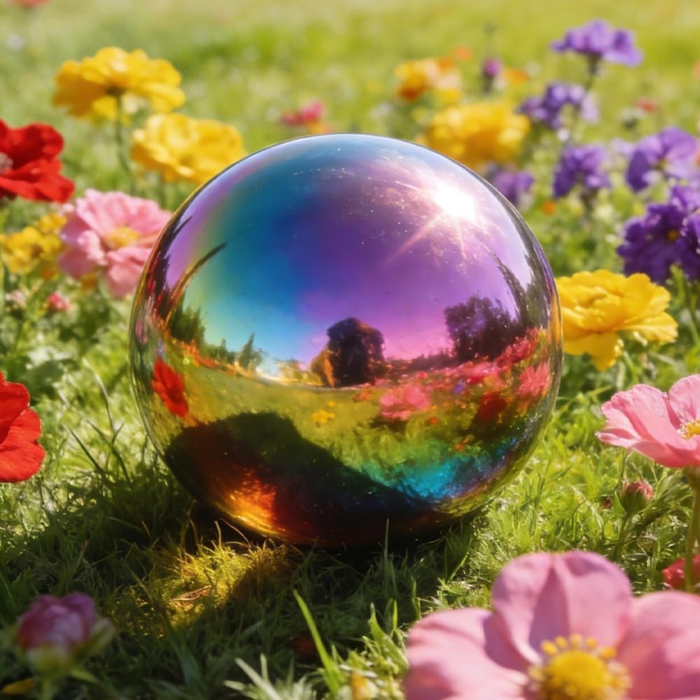 10-Inch Rainbow Gazing Globe Mirror Ball in Stainless Steel for Elegant Gardens