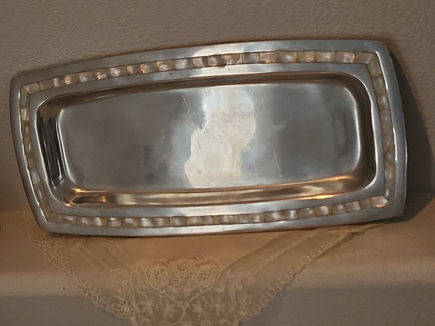 Handcrafted Mother of Pearl Inlay Silver Tone Tray Rectangular India Reflective