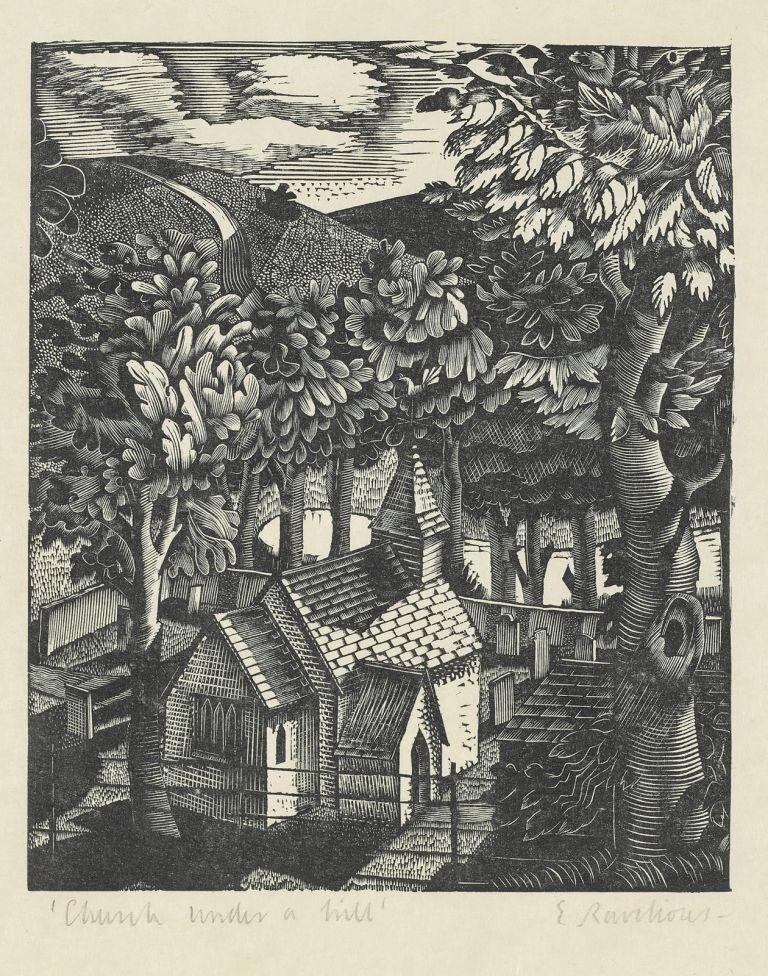 Church Under a Hill Eric Ravilious 1920 British Woodcut Print Collector Edition
