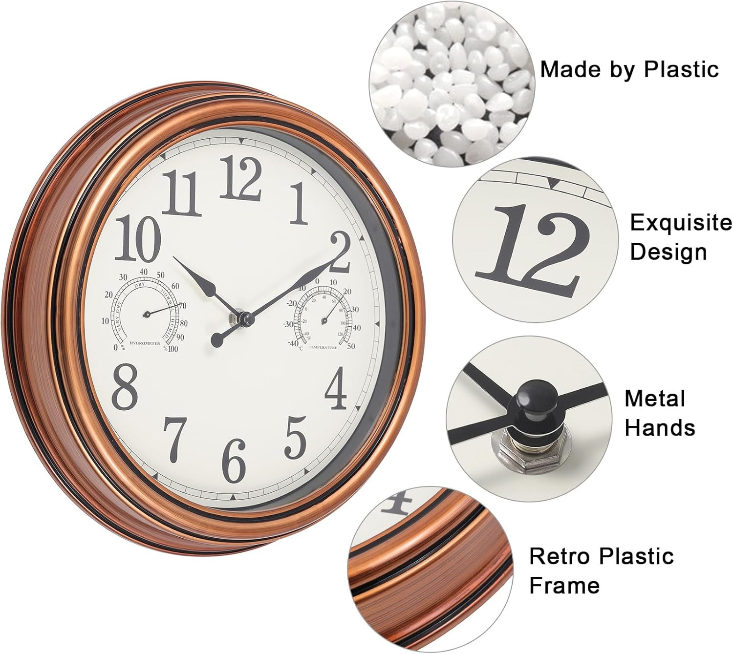 12Inch Outdoor Clocks Plastic Waterproof Wall Clock with Temperature & Humidity