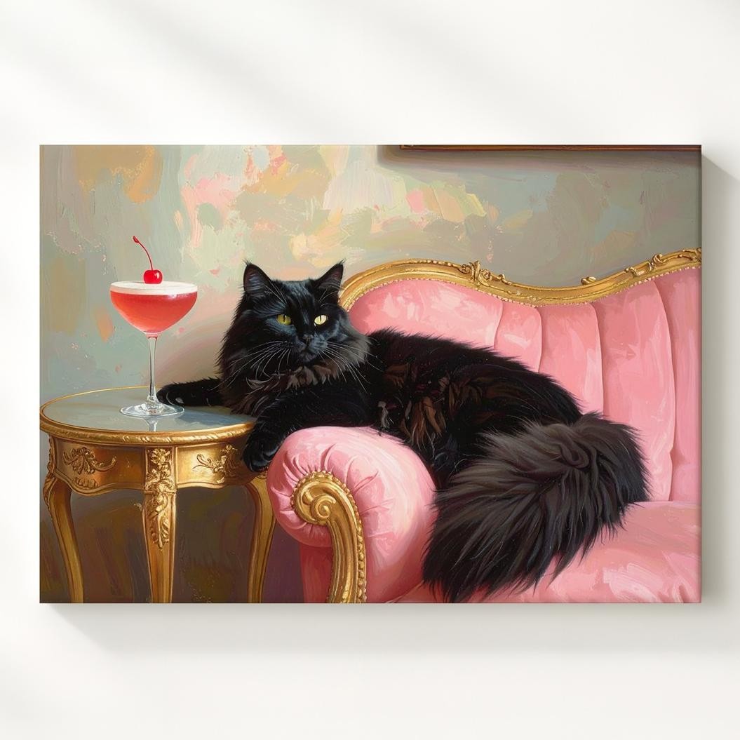 Velvet Throne Cat Canvasregal Black Feline On Pink Chaise With Cocktail Wall Art
