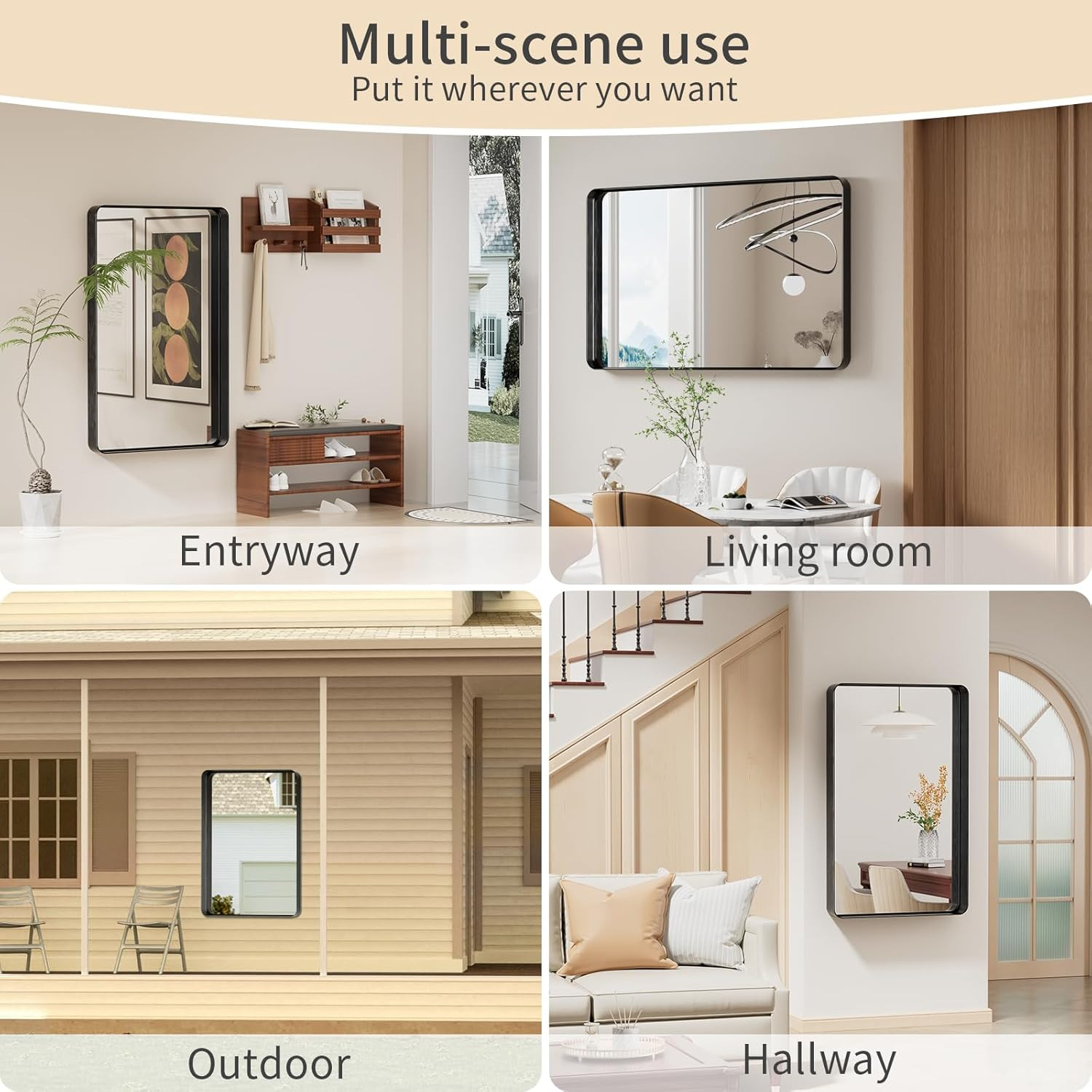 Matte Black 30×48 Inch Rounded Rectangle Wall Mirror for Bathroom & Living Room