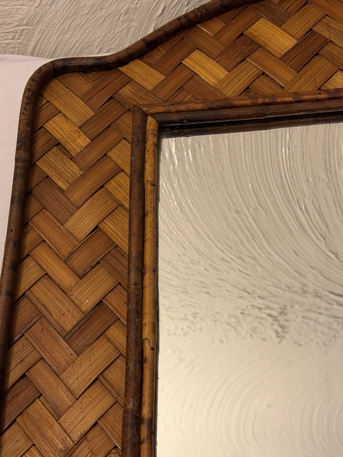 Vintage 1970’s Mottled Arched Bamboo Rattan Herringbone Pattern Mirror Hong Kong