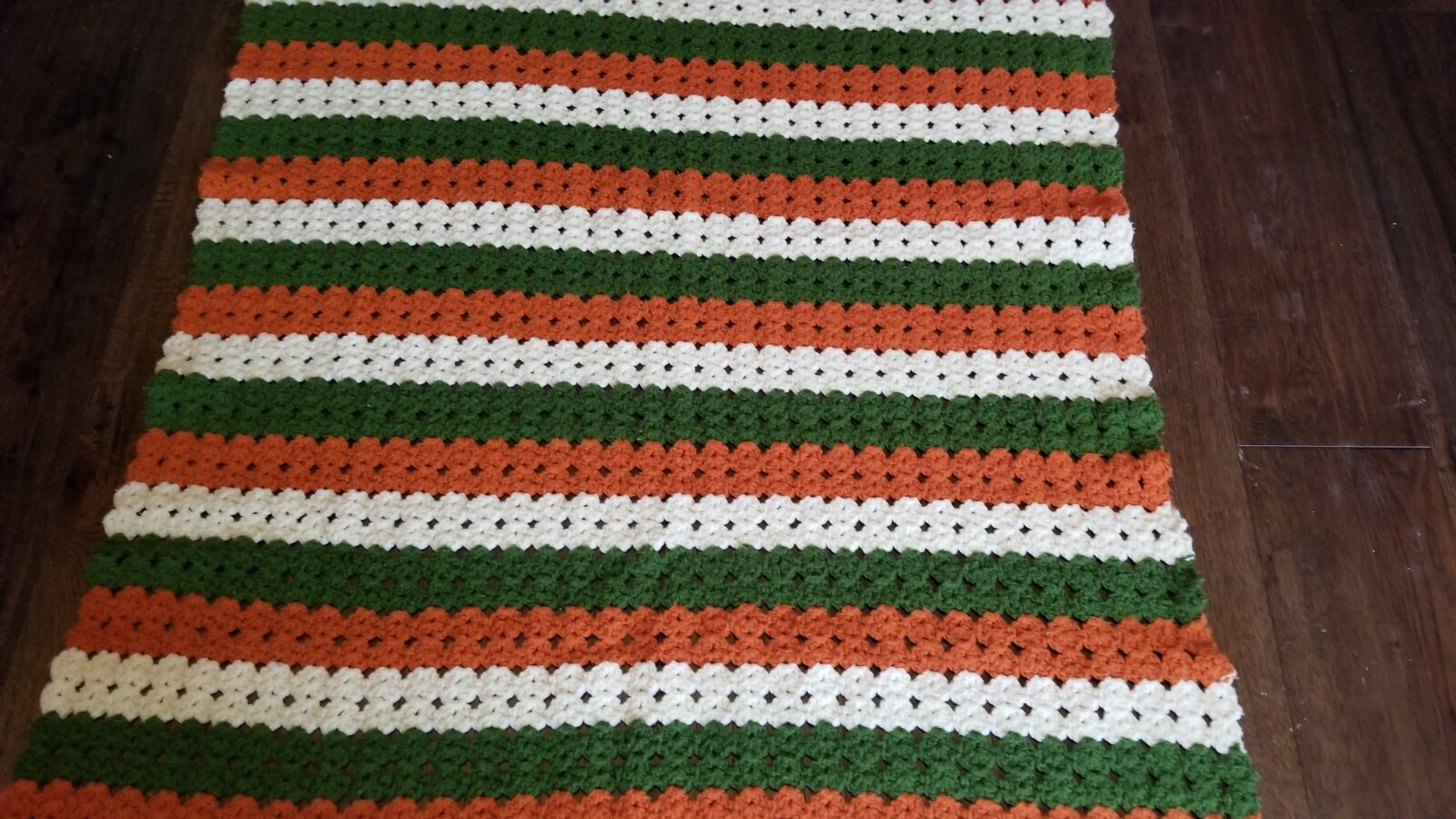 Afghan Blanket Handmade Pattern In Fall Colors Orange Green White 42″ x 68″