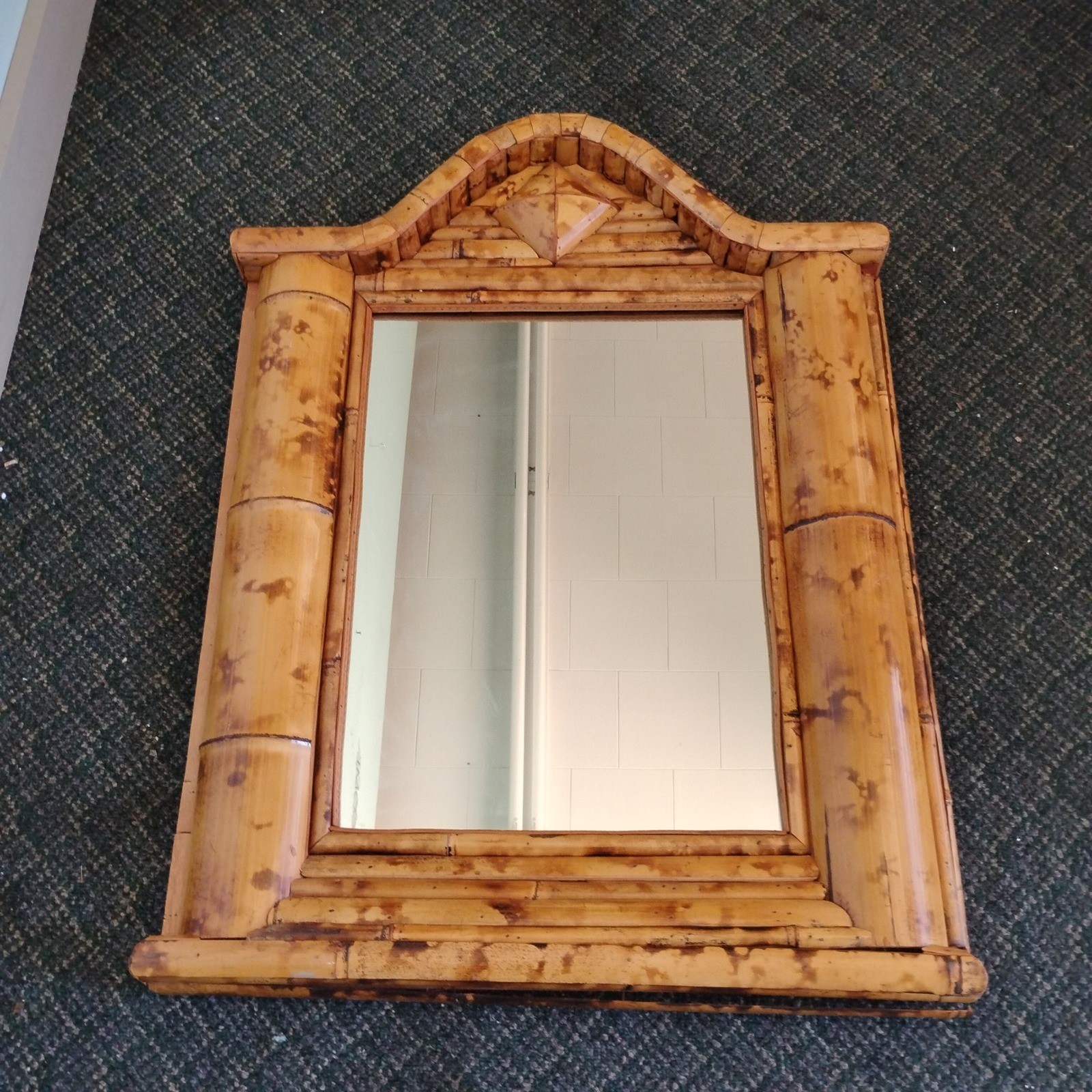 Burnt Split Bamboo Wall Mirror Pediment Top Boho 32×25 Tiki 60s Unique Large