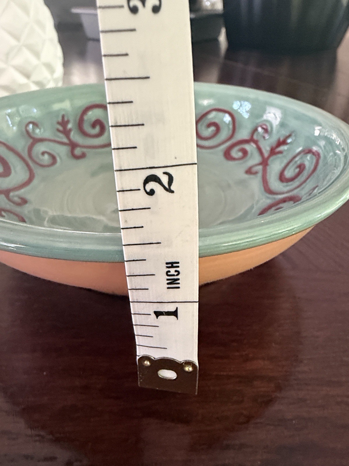 Green Decorative Ceramic Bowl with Burgundy Scrollwork. Soap Bowl. Jewelry Bowl