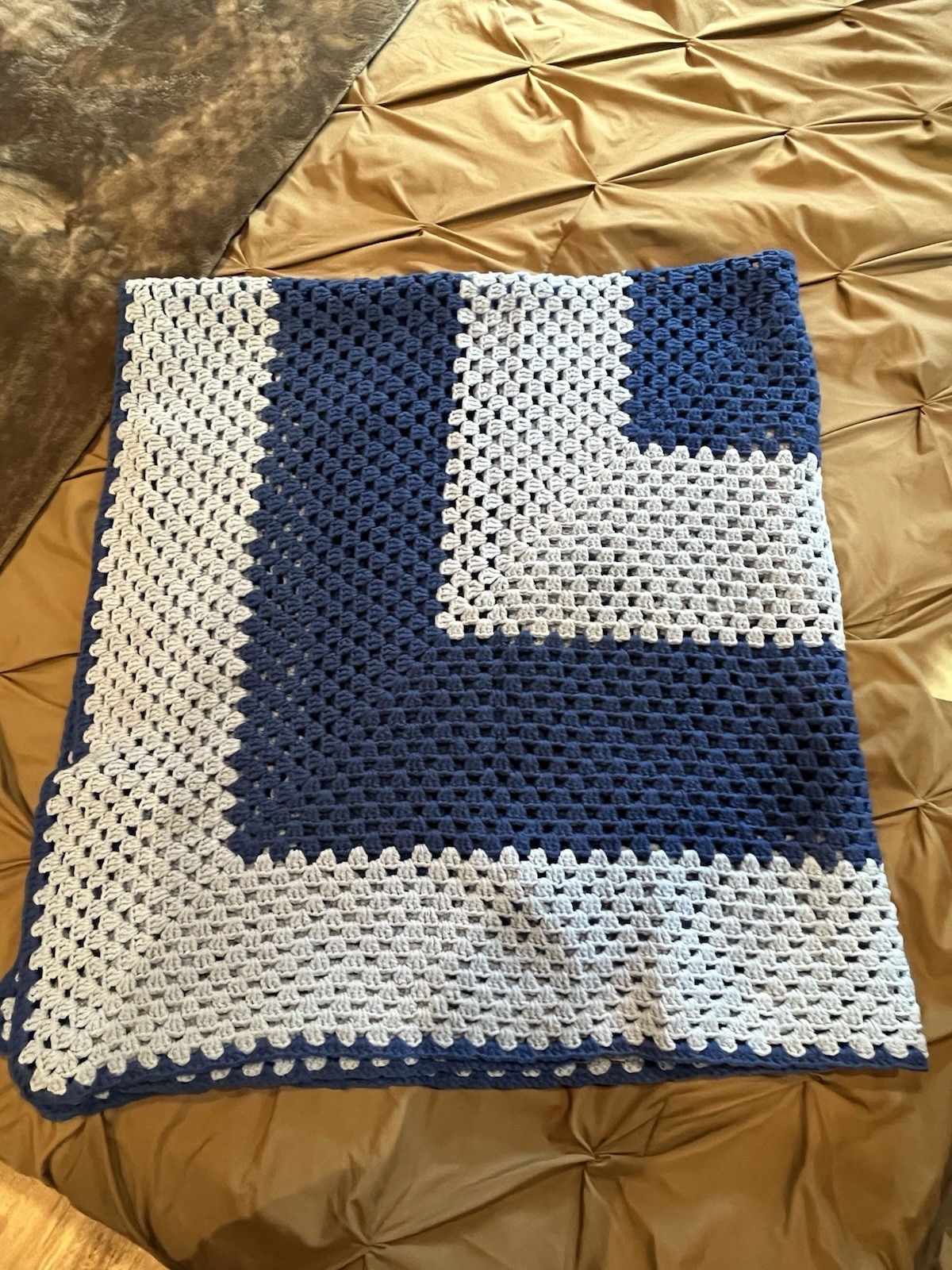 Handmade Crocheted Large Afghan Throw Blanket Light & Dark Blue Colorblock