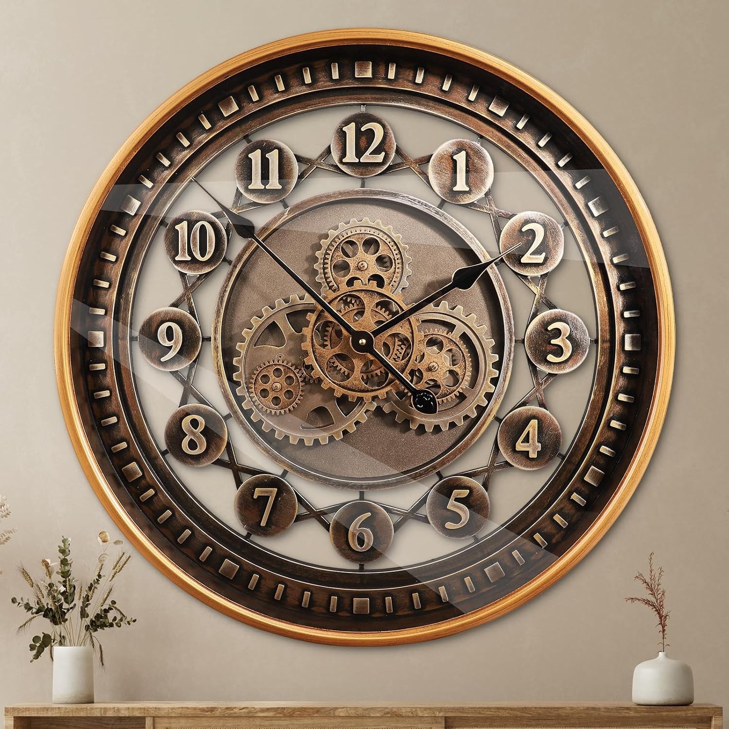24 Inch Wall Clock with Moving Gears Large Industrial Steampunk Metal Clock Anti