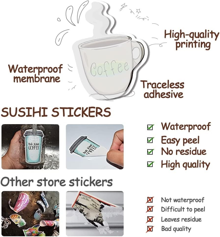 50 Reusable Waterproof Coffee Stickers – Perfect for Everyday Fun & Gifting