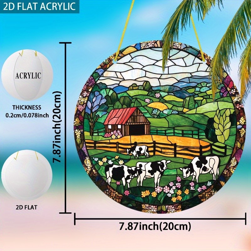 Farm Cow Scene Acrylic Suncatcher Rustic Country Boho Window Wall Hanging Decor