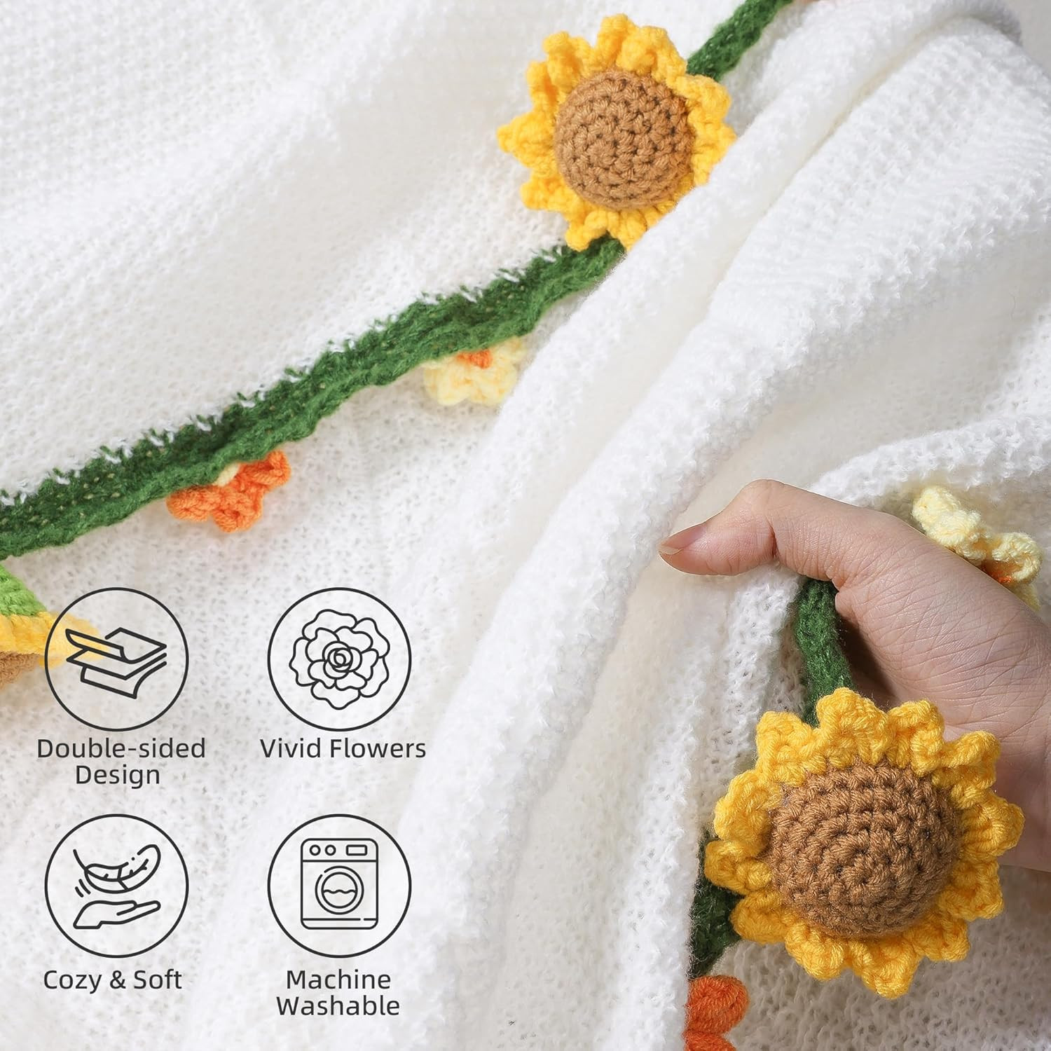 Knitted Flower Throw Floral Bouquet Blanket, 43Inch Handmade Crochet Blanket wit