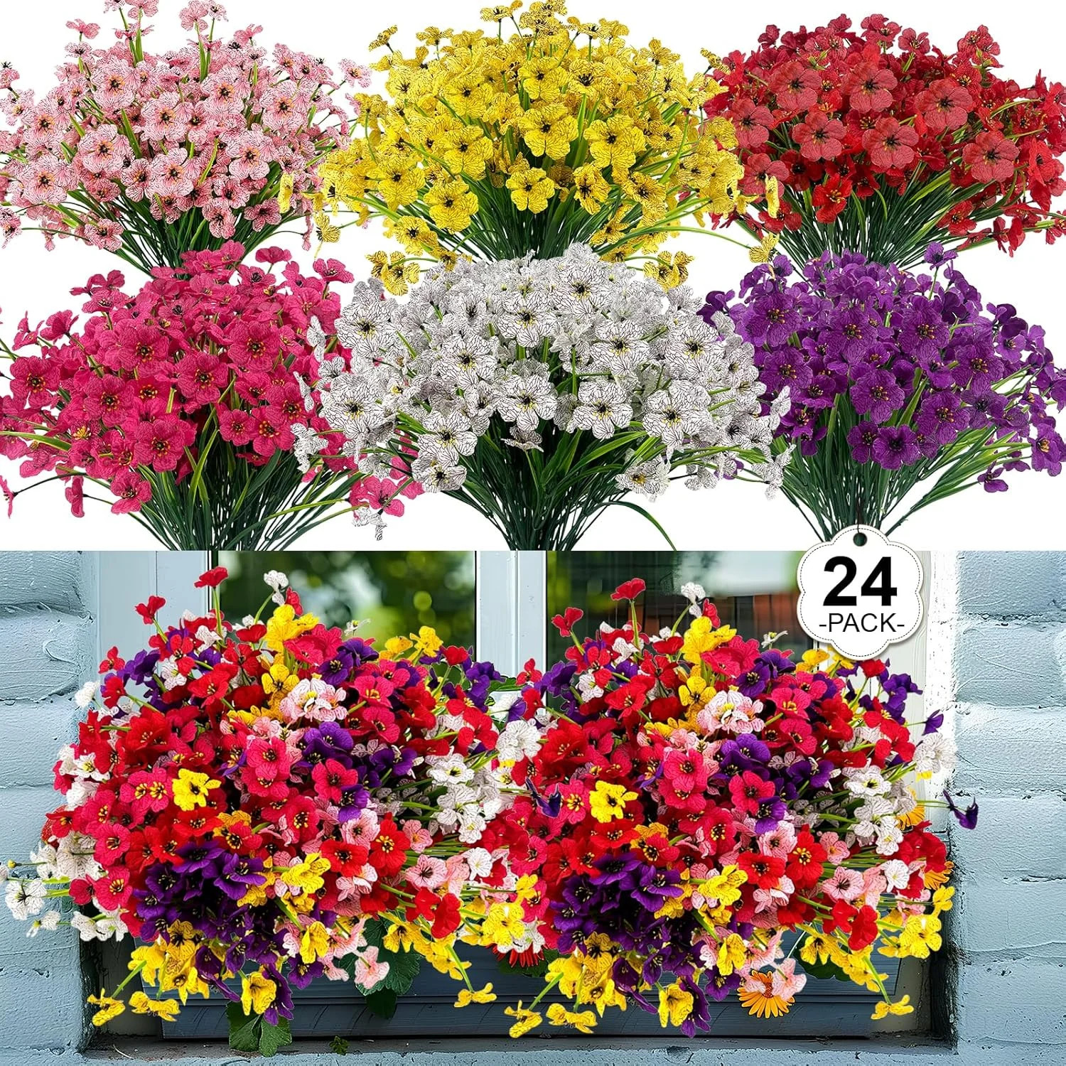 24 Bundles Artificial Flowers for Outdoors Fake Ferns UV Resistant Faux Spring