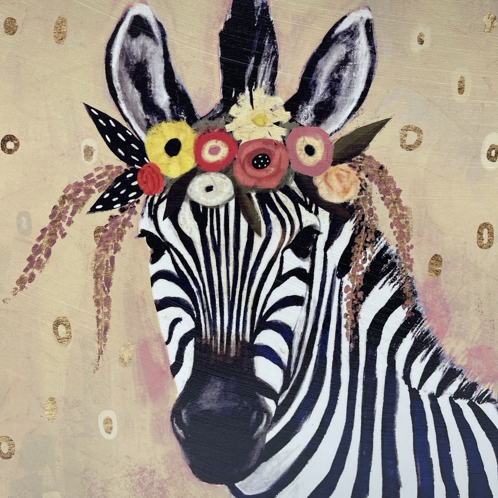 Zebra Canvas Wall Art 18×18” Floral Crown Animal Flowers Black and White Gold