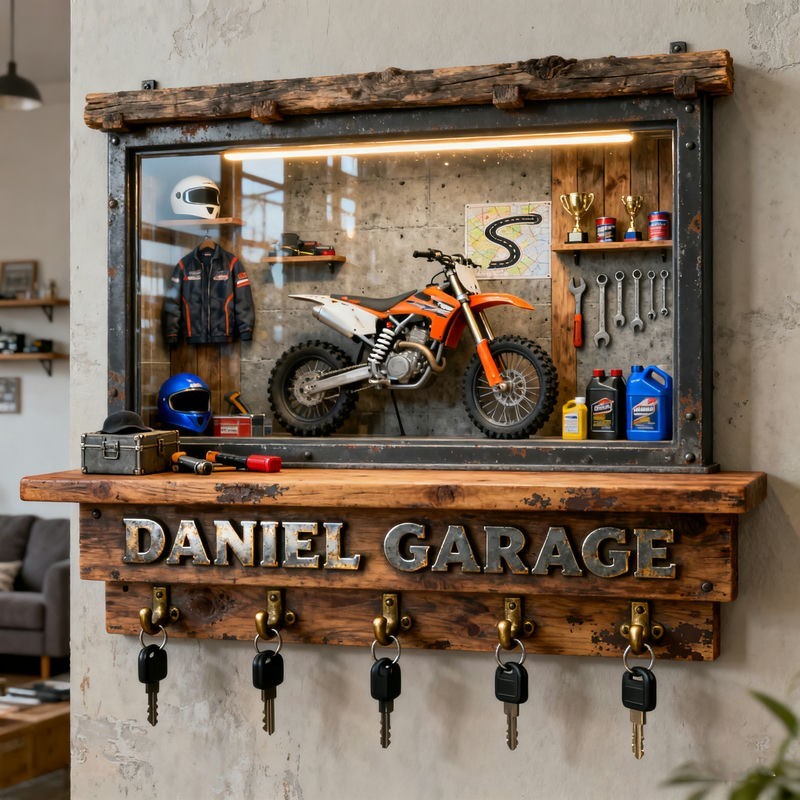 Custom Name Garage Key Holder Wood Wall Mount 2D Flat Key Rack Hook