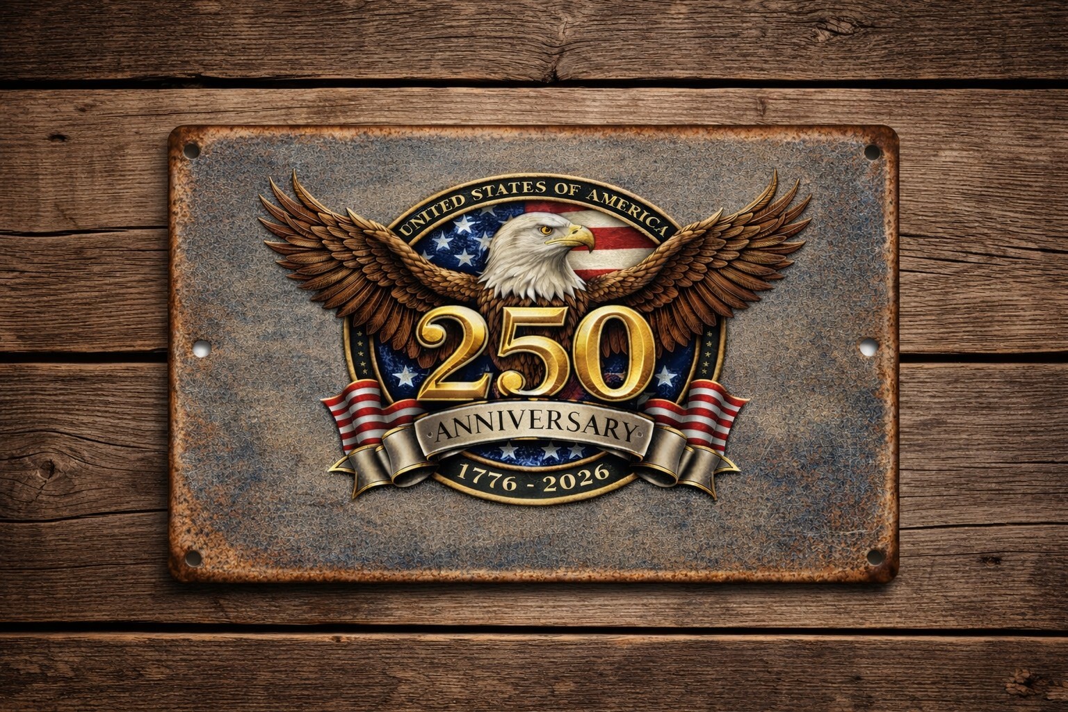 250th Anniversary USA Tin Metal Sign 1776-2026 Patriotic American Eagle Vintage