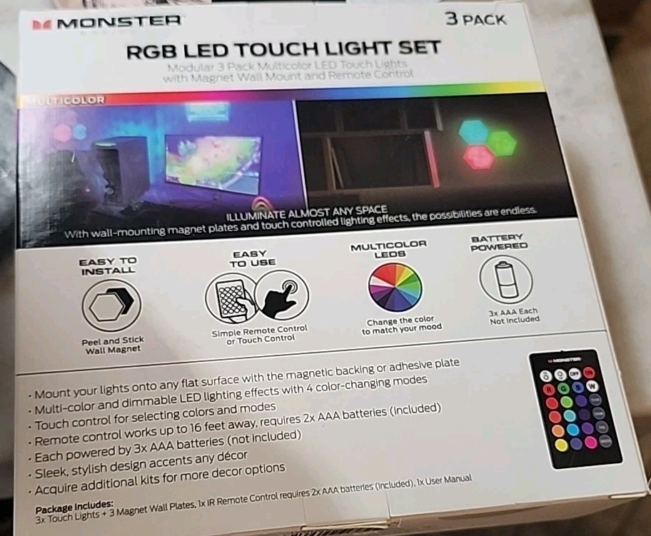 Multi-Color LED Touch Light Modular 3 Pack w/Wall Mount & Remote New In Box Wall