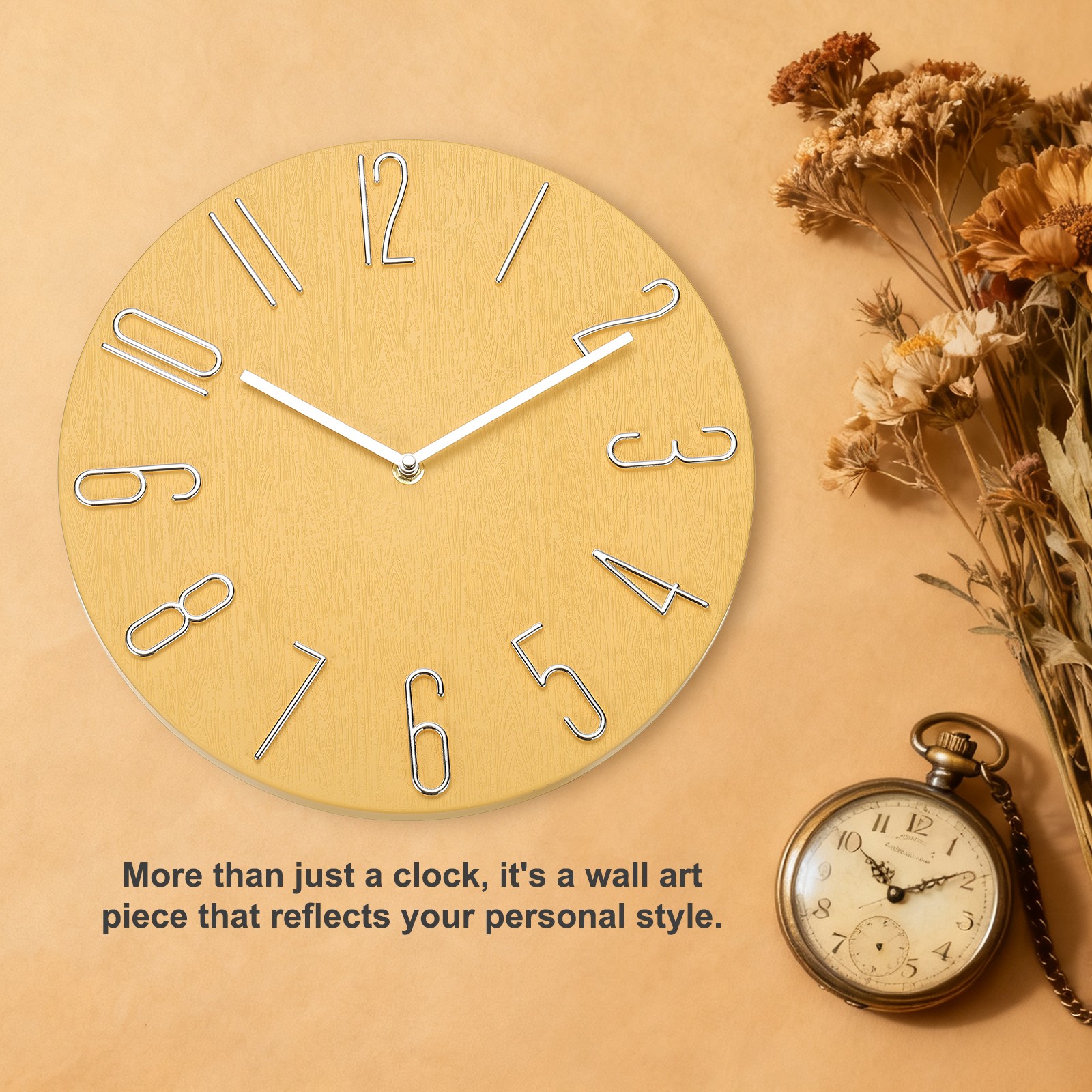 12″ Vintage Wall Clock with Arabic Numerals Yellow