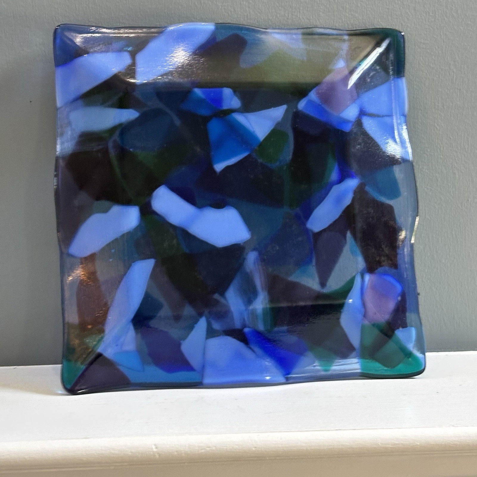 Heavy Blue Purple White Fused Art Glass Square Plate 10-1/4”