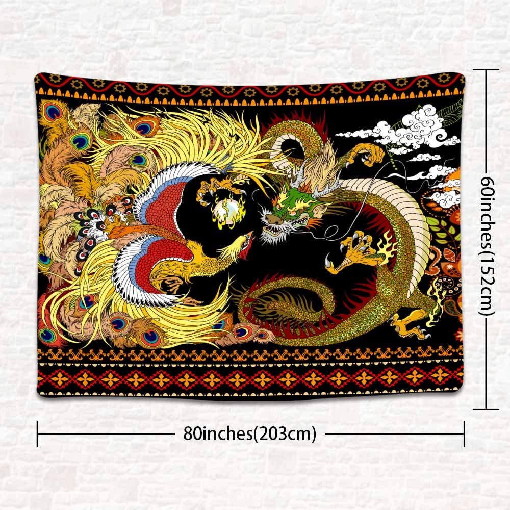 Dragon Phoenix Tapestry, Chinese Oriental Asian Mythology Animal Tapestries, Chi