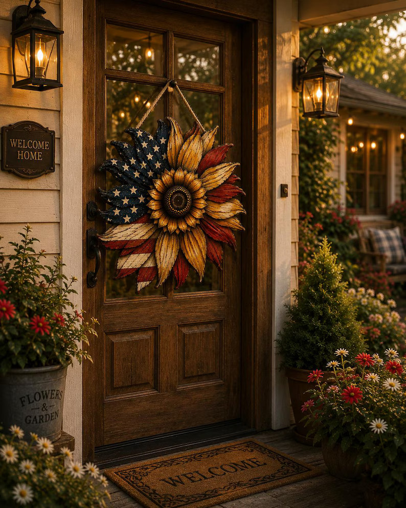 Patriotic Sunflower Wall Sign with Rope Home Decor