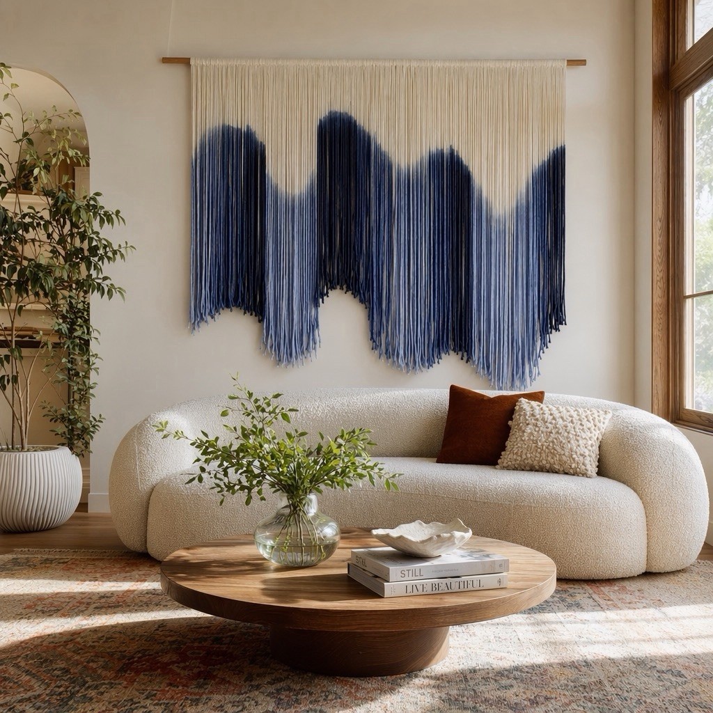 NEW Anthropologie XL Blue Dip Dyed Boho Tapestry Macrame Wall Hanging Art 57×40