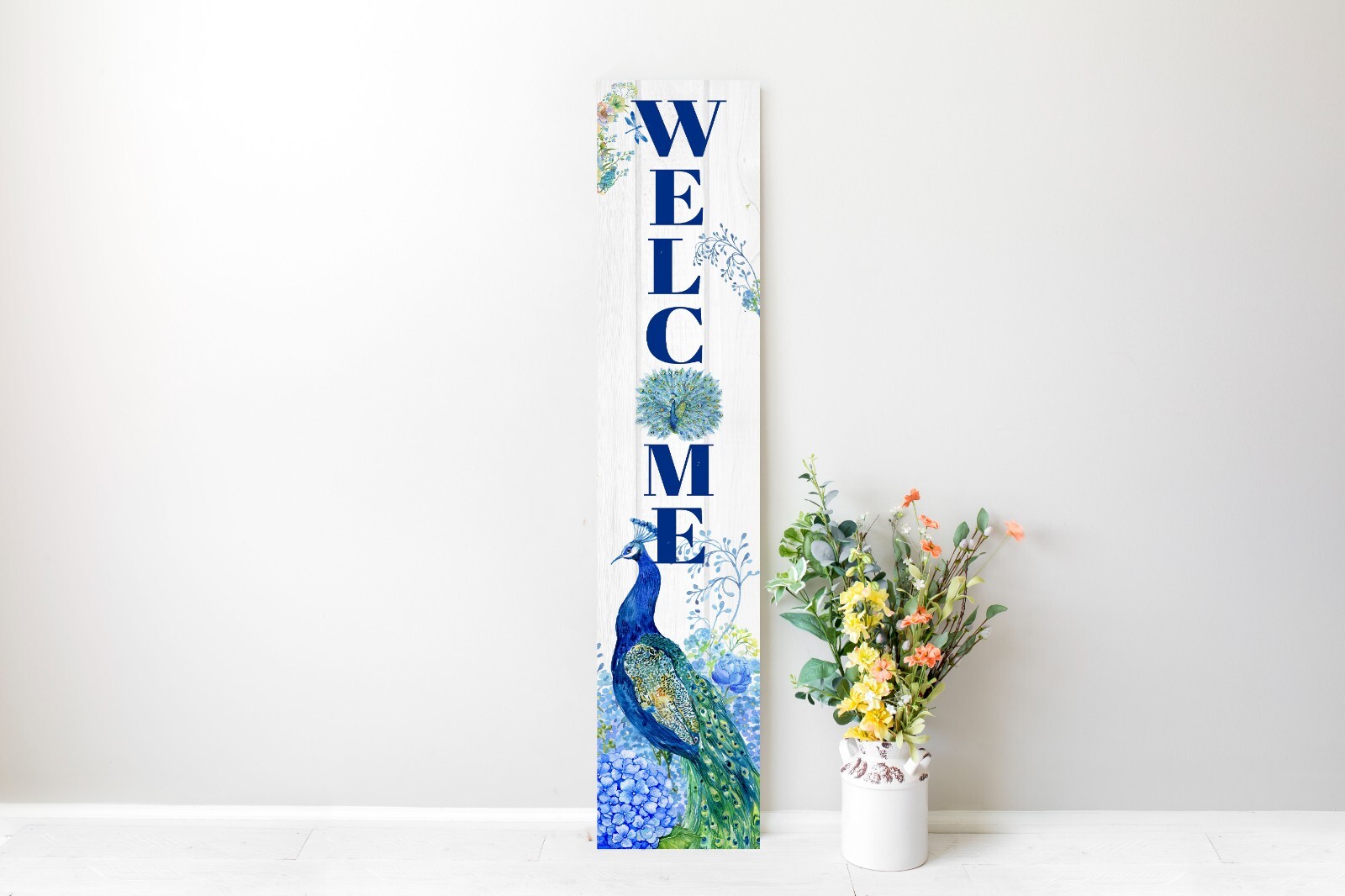 24 Inch (2 Foot Tall) Peacock Welcome Vertical Wood Print Sign Porch Sign Door
