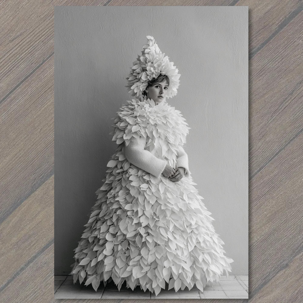 Art Print Woman White Leaf Dress Costume Fantasy Couture Monochrome Fashion Crea