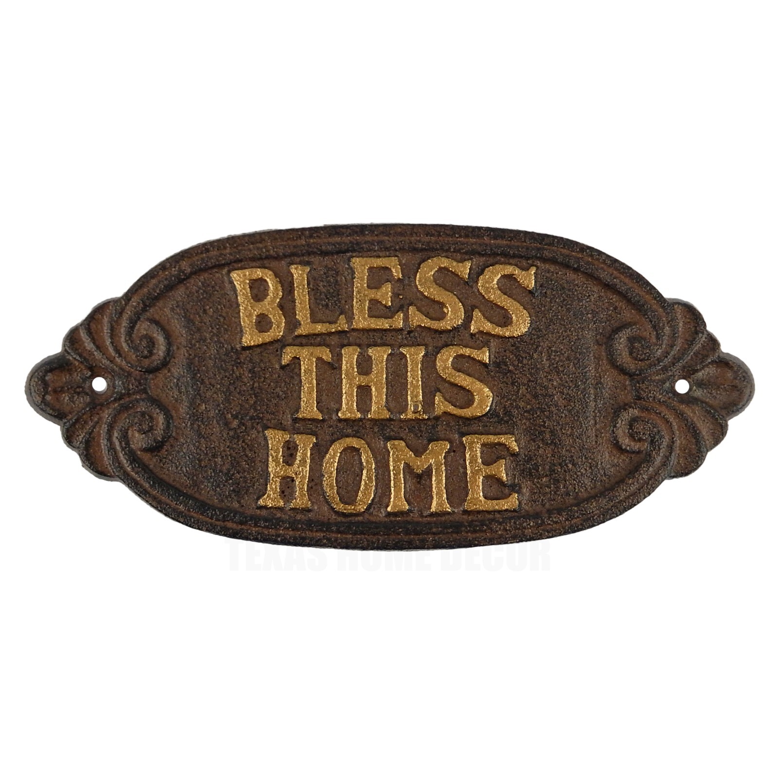 Cast Iron BLESS THIS HOME Plaque Sign Rustic Brown Religious Home Decor 8 x 3.5″