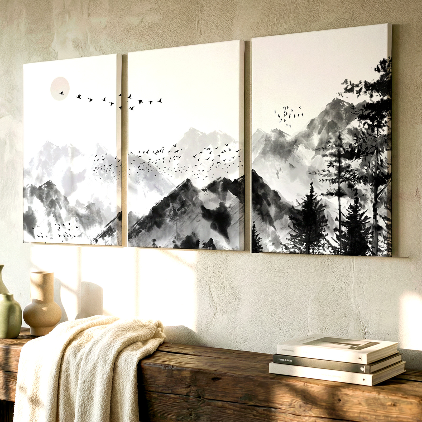 3 Pieces Monochrome Mountain Landscape Birds Sun Large Wall Art for Set Of 3