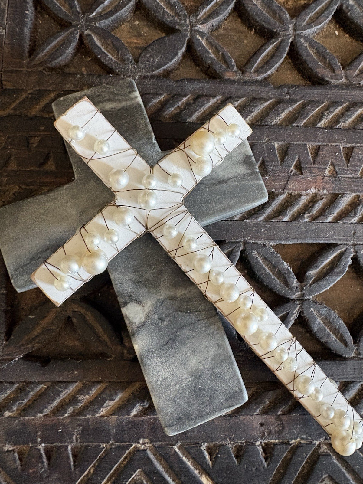 Two Home decor Crosses Handmade of Stone, Wire and Faux Pearls