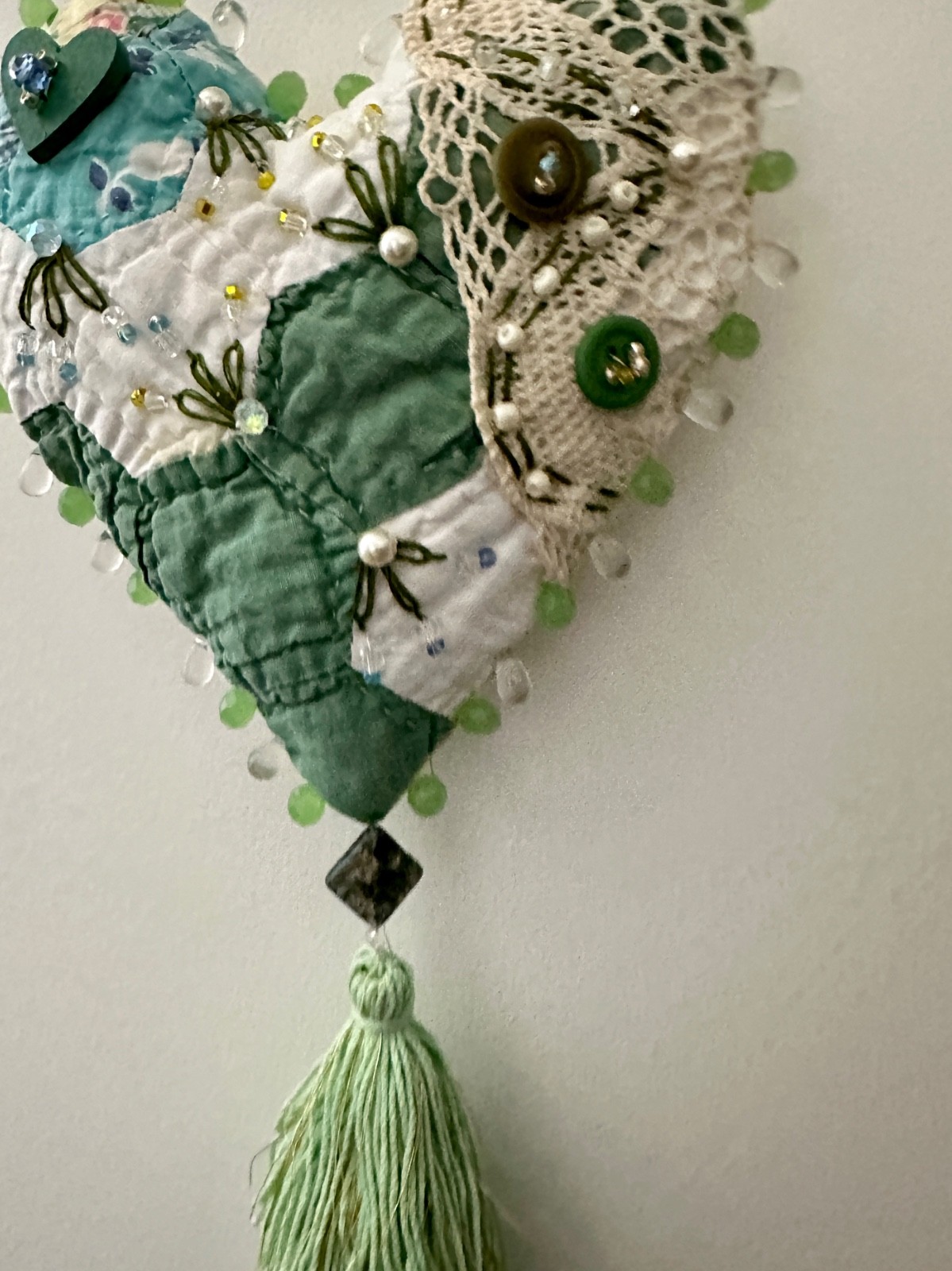 HANGING HEART beaded *HANDMADE* from antique quilt, hand embroidered, tassel