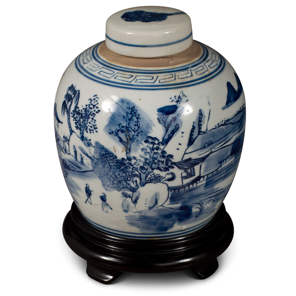 US SELLER – Blue and White Porcelain Scenery Chinese Jar