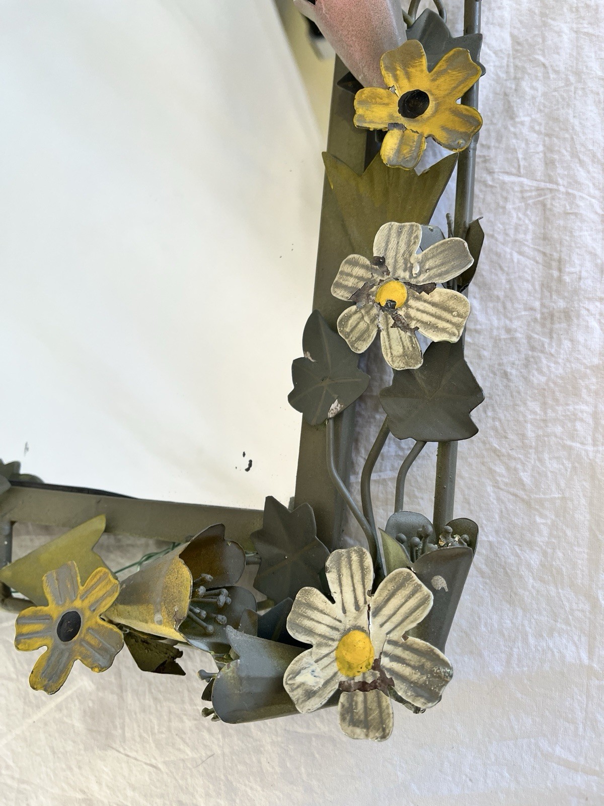 Vintage Tole Mirror Rectangular with Metal Floral and Vine Border
