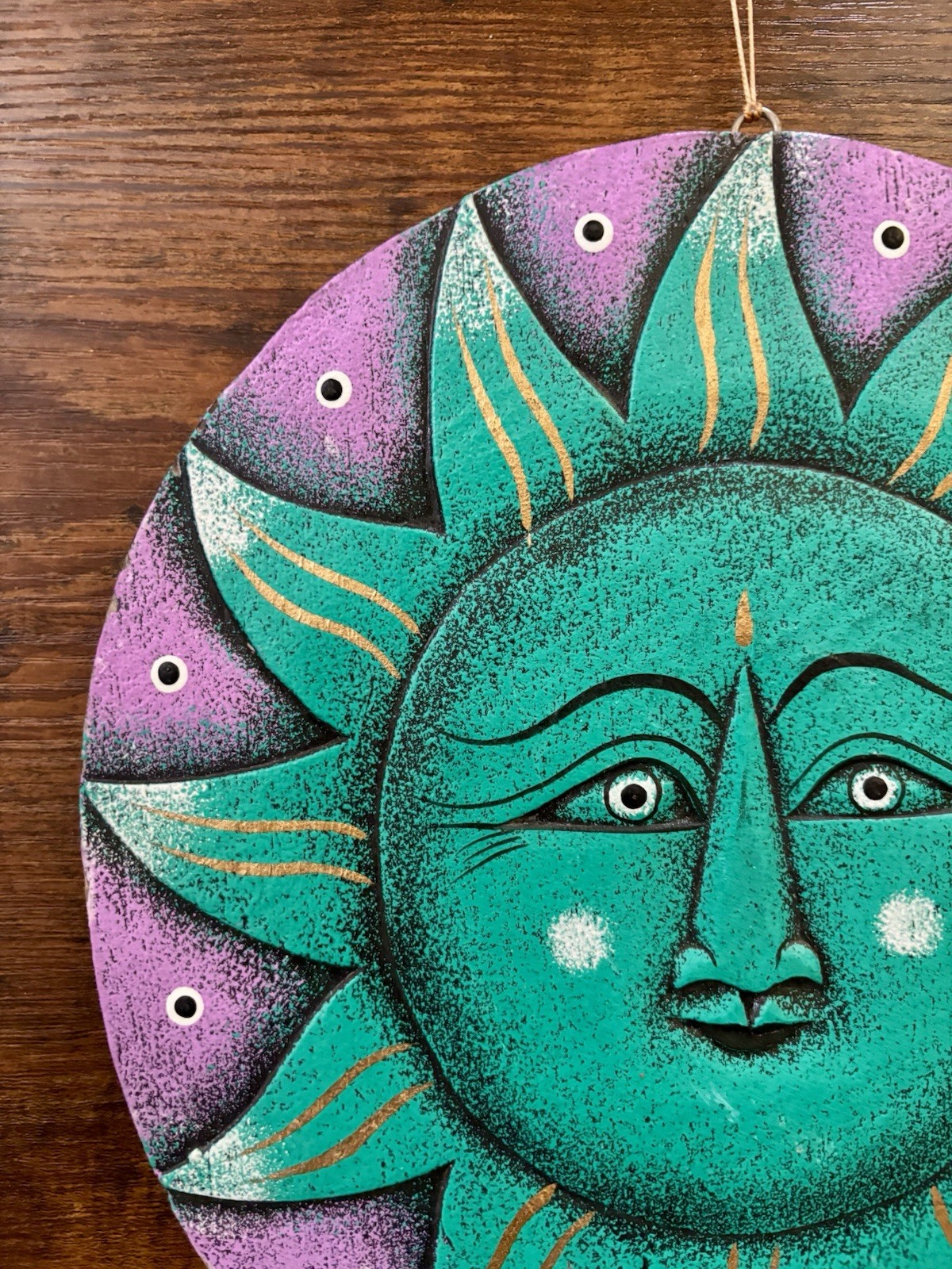 Vintage 90s y2k Wooden Celestial Sun & Moon Hanging Plaque Art Decor Purple Teal